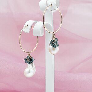 Baroque Pearl & Blue Topaz Cluster Hoop Earrings, 14K Gold Filled